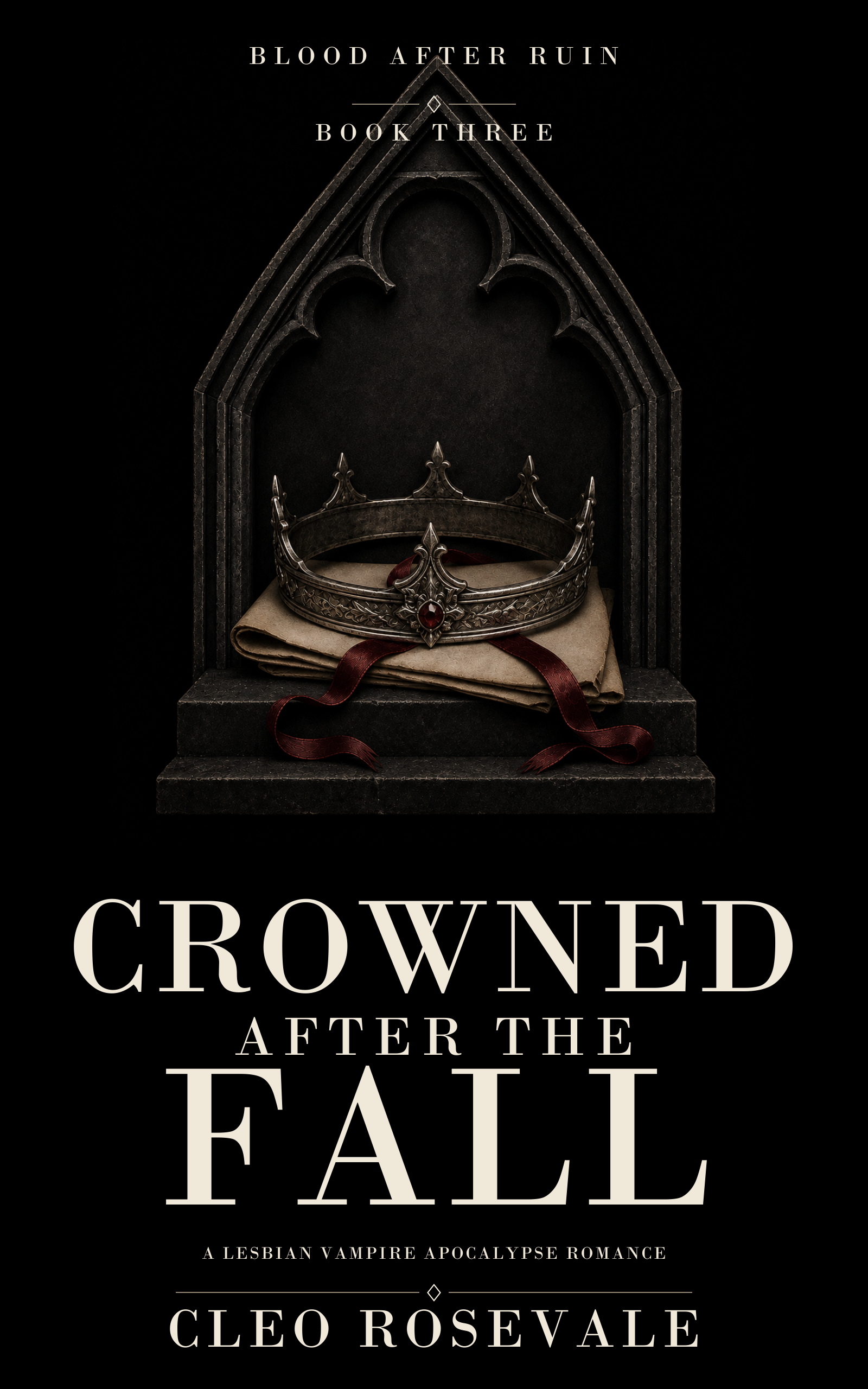 Front cover of Crowned After The Fall by Cleo Rosevale, with a silver crown resting on parchment beneath a Gothic stone arch.