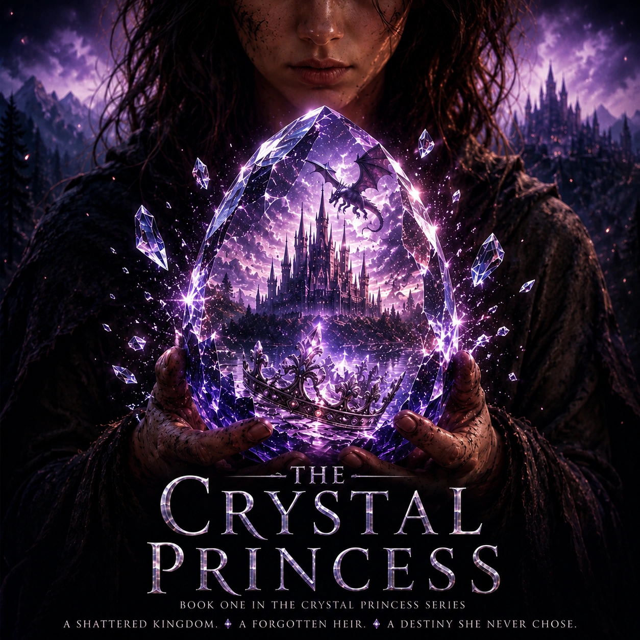 A woman holding a luminous crystal containing a kingdom and a dragon, with The Crystal Princess title beneath it.