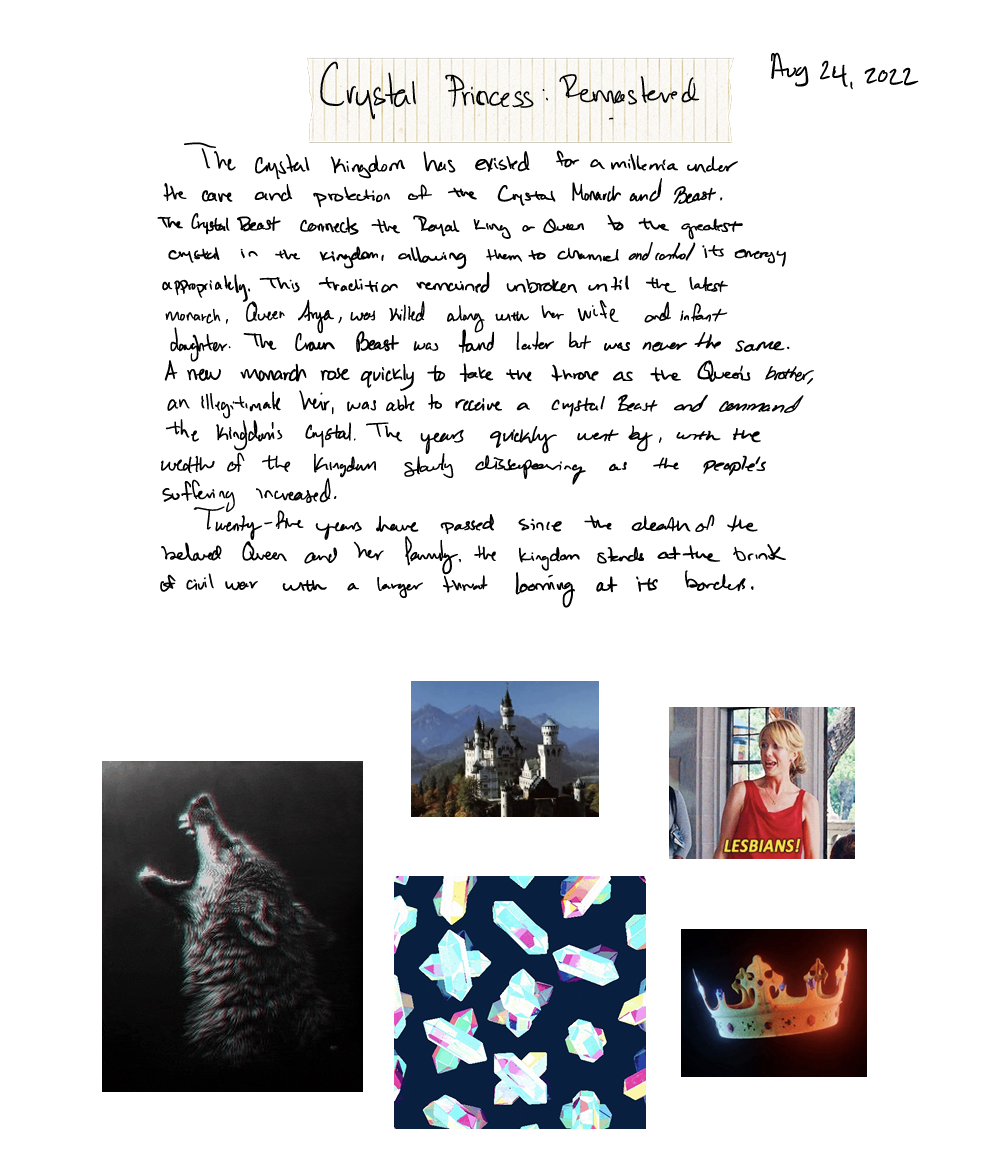 The first page of Maritza's handwritten Crystal Princess notes from August 24, 2022, with visual references beneath the writing.