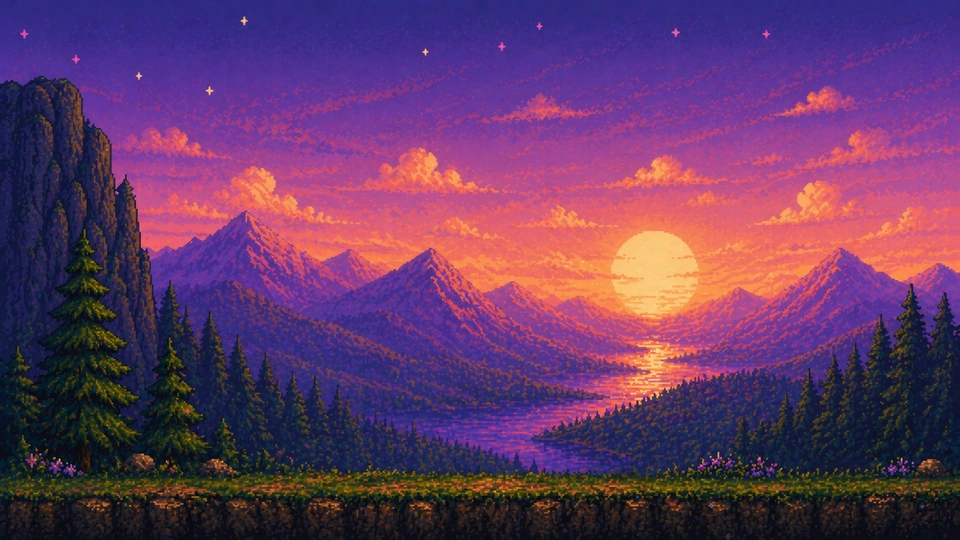 Pixel mountains at sunset from Handshake to Home