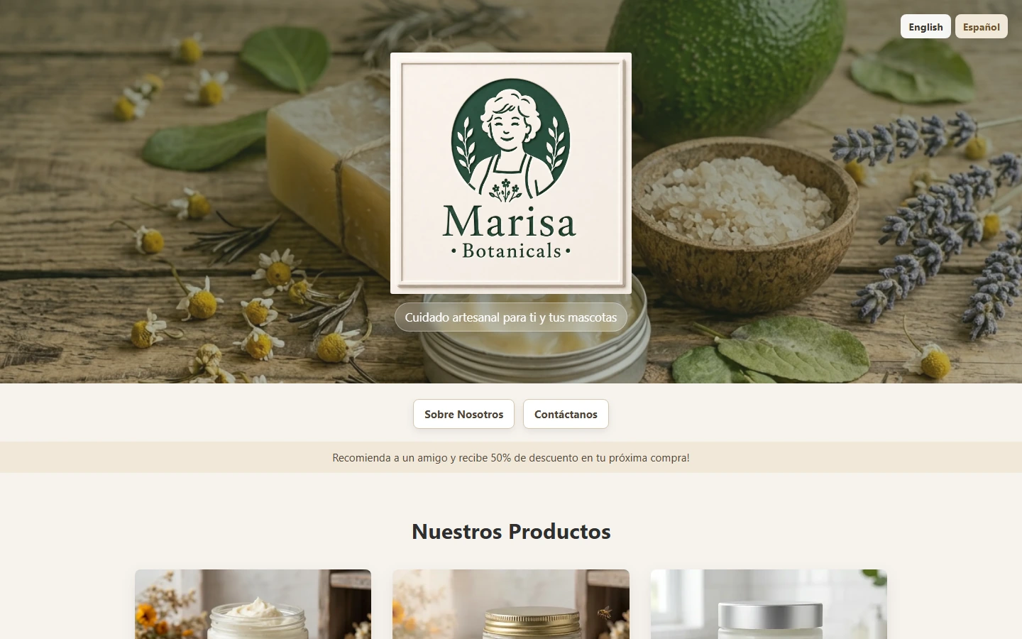 Marisa Botanicals bilingual website homepage with botanical product imagery and Spanish navigation